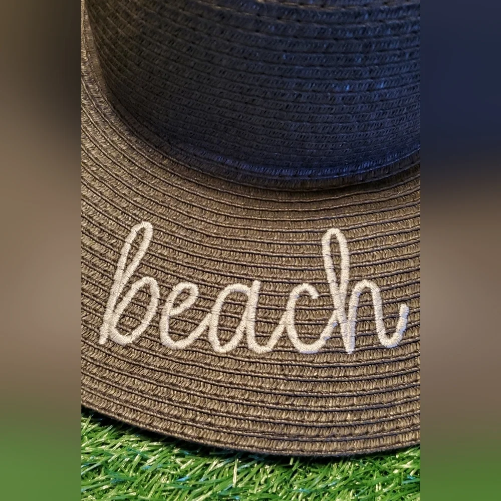 Oversized Floppy "Beach Please" Rafia Straw Sun Hat Wide Brim In Black One Size - Picture 2 of 4